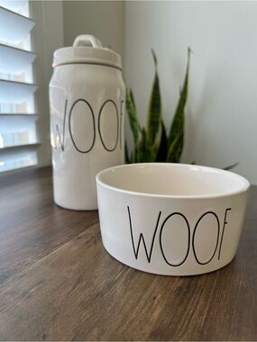Rae Dunn WOOF Dog Bowl & Treat Canister Set | Farmhouse Ceramic Pet Feeding Set